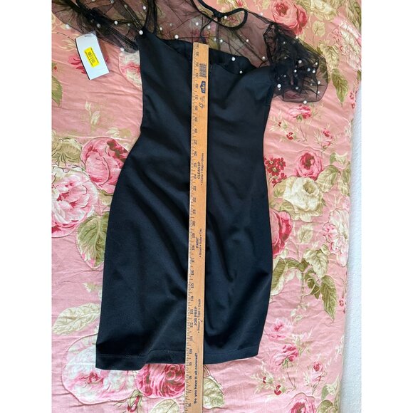 B. Darlin JR Black Skater Dress 3/4 Sheer Pearl Mesh Puff Sleeves Y2k Whimsigoth - Picture 4 of 8